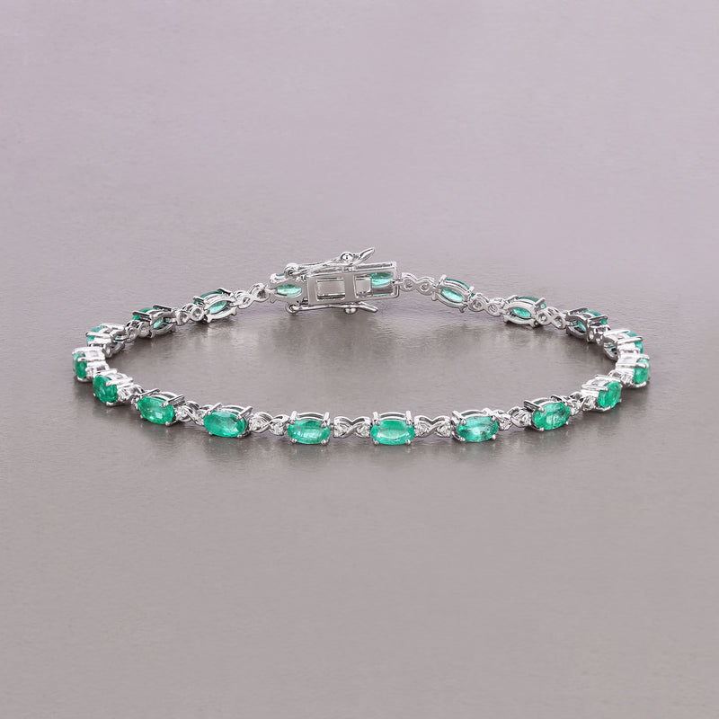 3.86 Carat Genuine Zambian Emerald and White Diamond 14K White Gold Bracelet