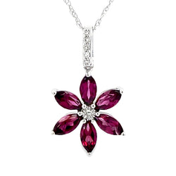 Rhodolite Garnet Diamond Flower Pendant 14KT White Gold