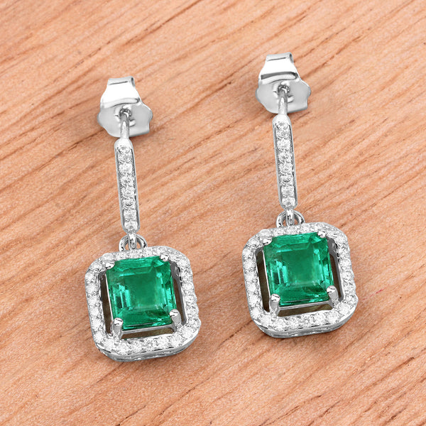 2.16 Carat Genuine Emerald and White Diamond 14K White Gold Earrings