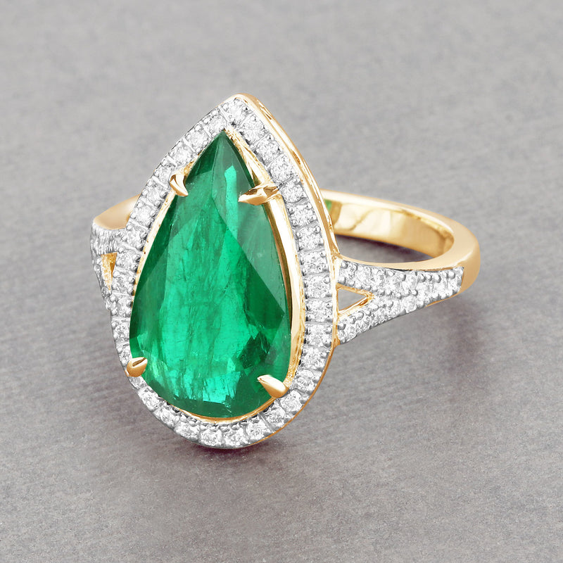 IGI Certified 4.05 Carat Genuine Zambian Emerald and White Diamond 14K Yellow Gold Ring