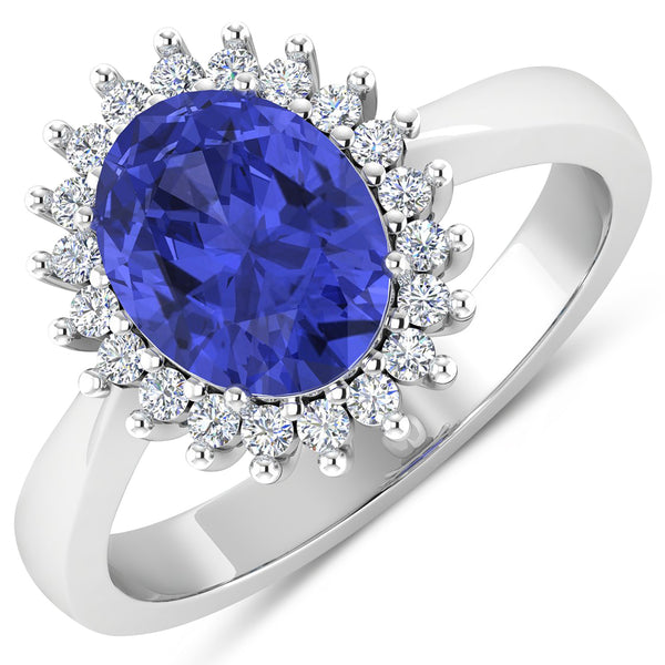 1.34 Carat Genuine Tanzanite and White Diamond 14K White Gold Ring