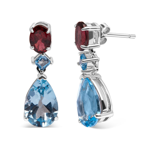 .925 Sterling Silver 10.0 Carat Blue Topaz and Grape Rhodolite Garnet Dangle Drop Earrings 1" Inch Dangle Length