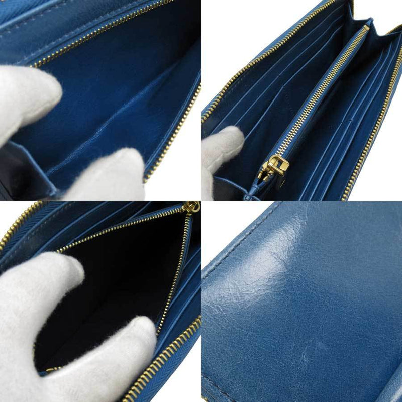 Miu Miu Miu L-shaped zipper wallet Blue gold leather