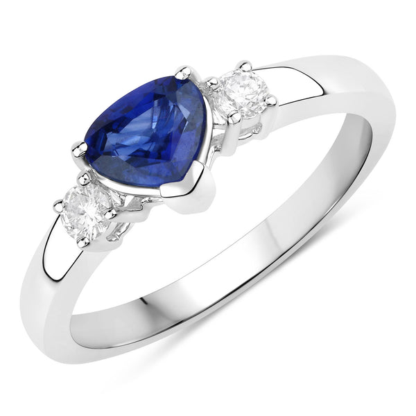 0.90 Carat Genuine Blue Sapphire and White Diamond 14K White Gold Ring