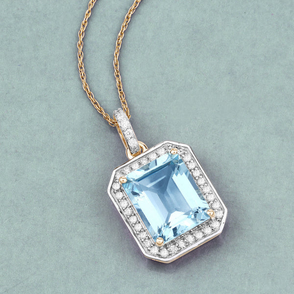 4.19 Carat Genuine Aquamarine and White Diamond 14K Yellow Gold Pendant