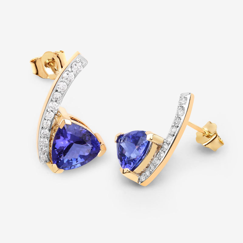 3.77 Carat Genuine Tanzanite and White Diamond 14K Yellow Gold Earrings