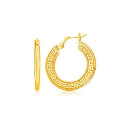 14k Yellow Gold Greek Key Medium Hoop Earrings with Flat Sides