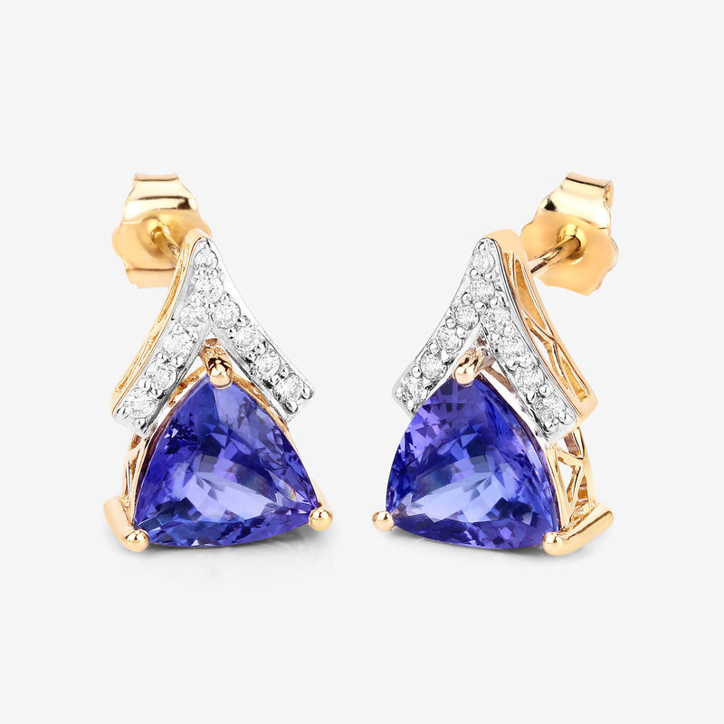 4.46 Carat Genuine Tanzanite and White Diamond 14K Yellow Gold Earrings