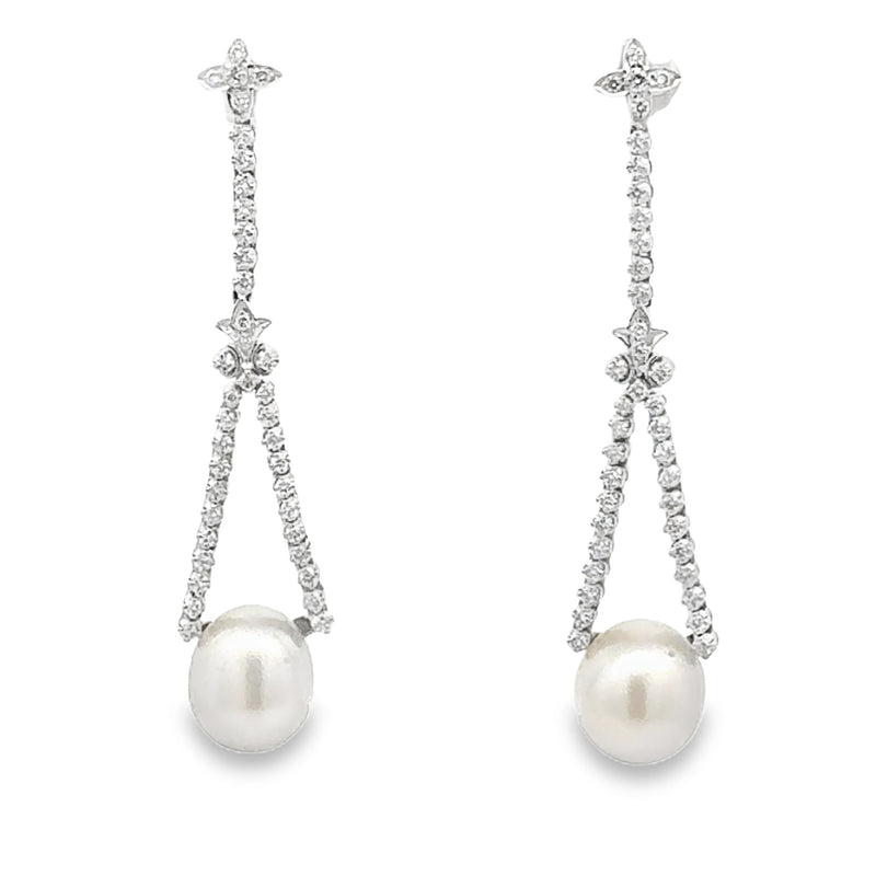 1.12ct FW Pearl Diamond Dangle Earrings 18KT White Gold