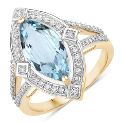 2.44 Carat Genuine Aquamarine and White Diamond 14K Yellow Gold Ring