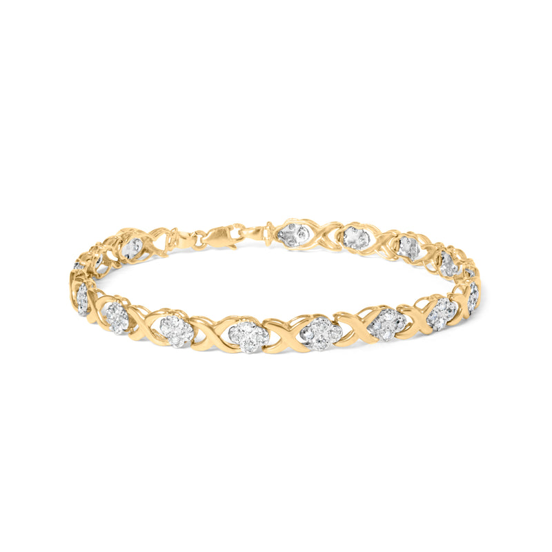 10K Yellow Gold 1.00 Cttw Diamond Cluster X Link Tennis Link 7.50" Bracelet  (I-J Color, I2-I3 Clarity)