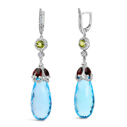 18K White Gold 1/2 Cttw Diamond and 22mm Blue Topaz and Garnet Drop and Dangle Earrings (F-G Color, VS1-VS2 Clarity)