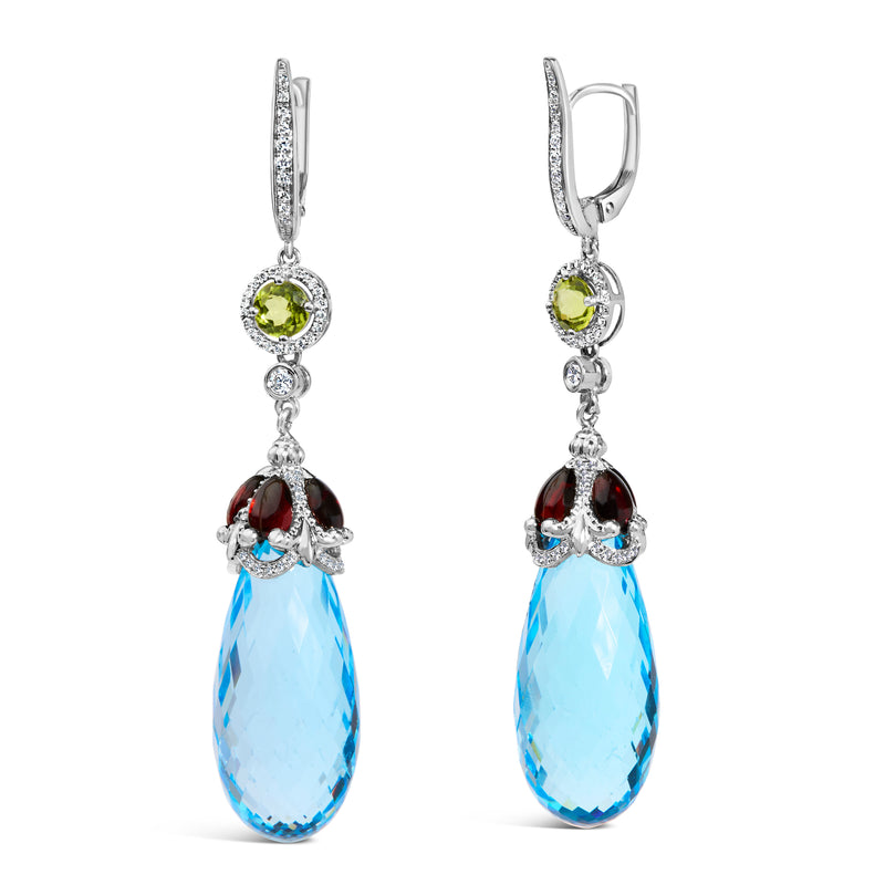 18K White Gold 1/2 Cttw Diamond and 22mm Blue Topaz and Garnet Drop and Dangle Earrings (F-G Color, VS1-VS2 Clarity)