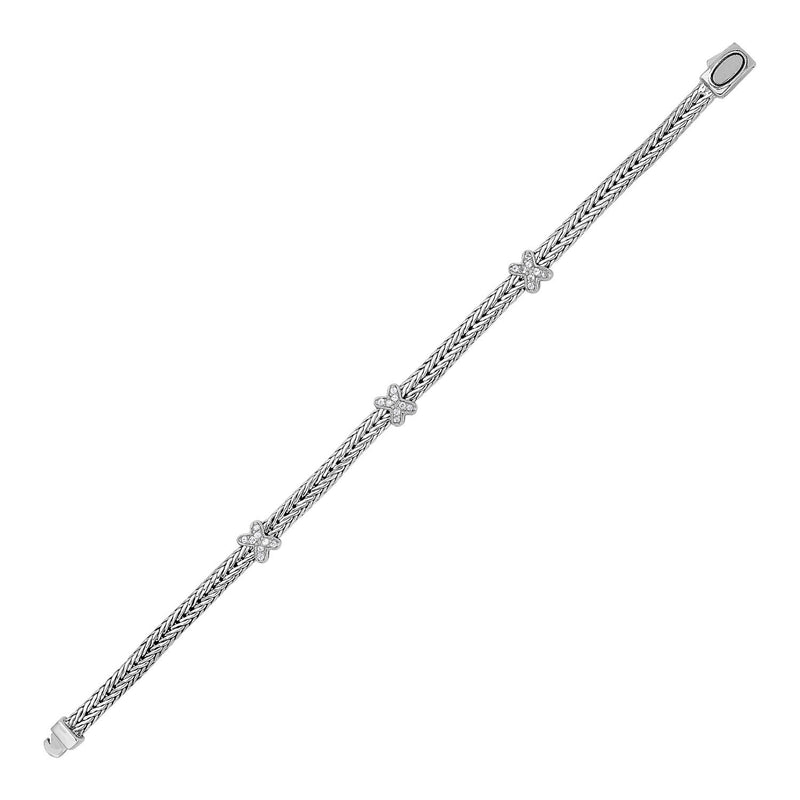 Woven Rope Bracelet with White Sapphire X Accents in Sterling Silver