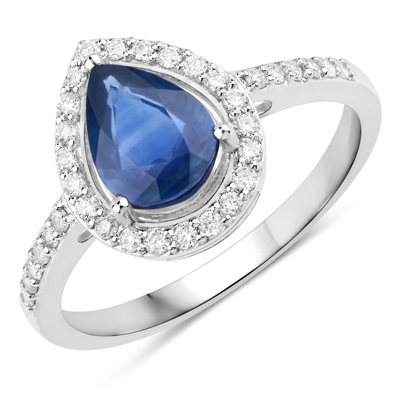 1.71 Carat Genuine Blue Sapphire and White Diamond 14K White Gold Ring