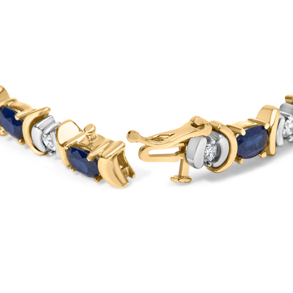 14K Yellow Gold 1.00 Cttw Alternating  Diamond and 6 1/2 Cttw Oval Blue Sapphire Link Bracelet (H-I Color, SI1-SI2 Clarity) - 7" Inches