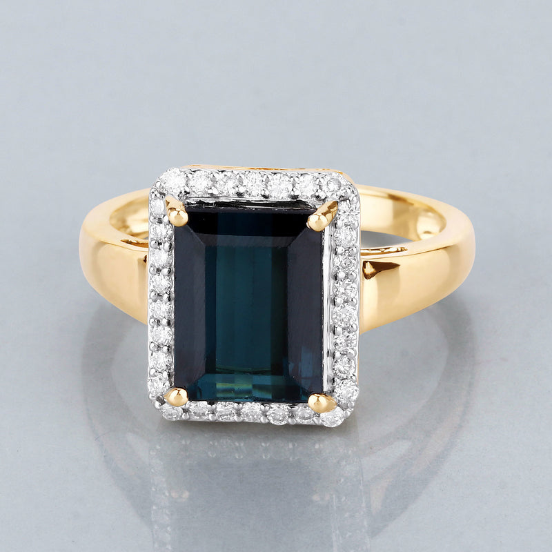 3.81 Carat Genuine Green Tourmaline and White Diamond 14K Yellow Gold Ring