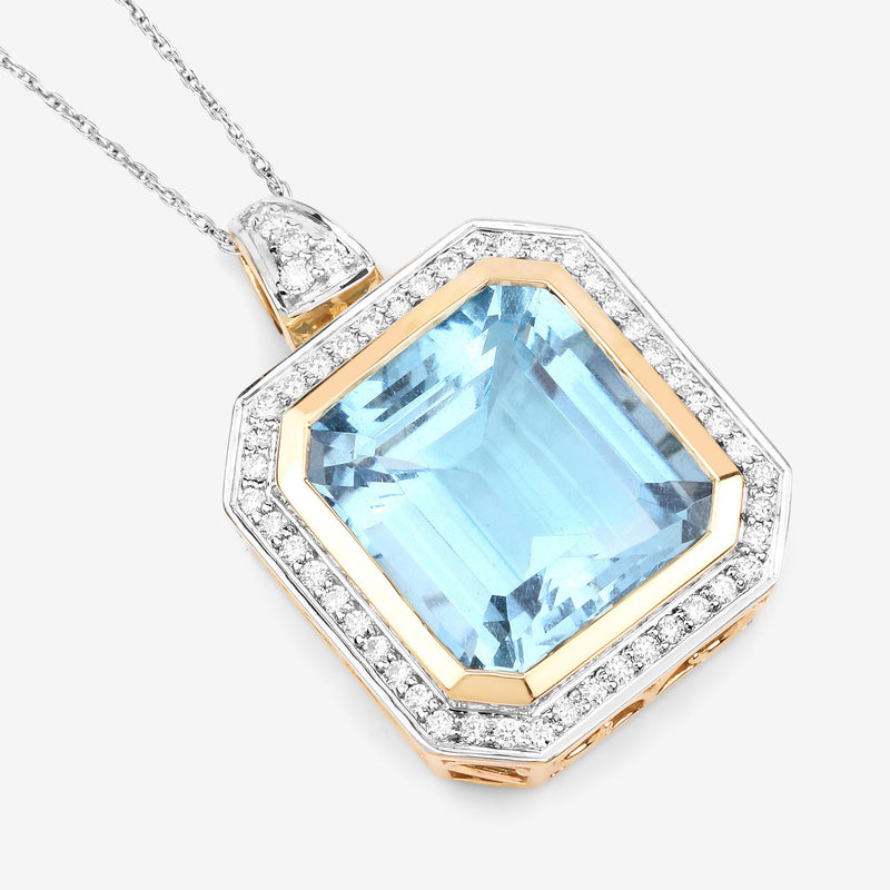 11.04 Carat Genuine Aquamarine and White Diamond 14K Yellow Gold Pendant