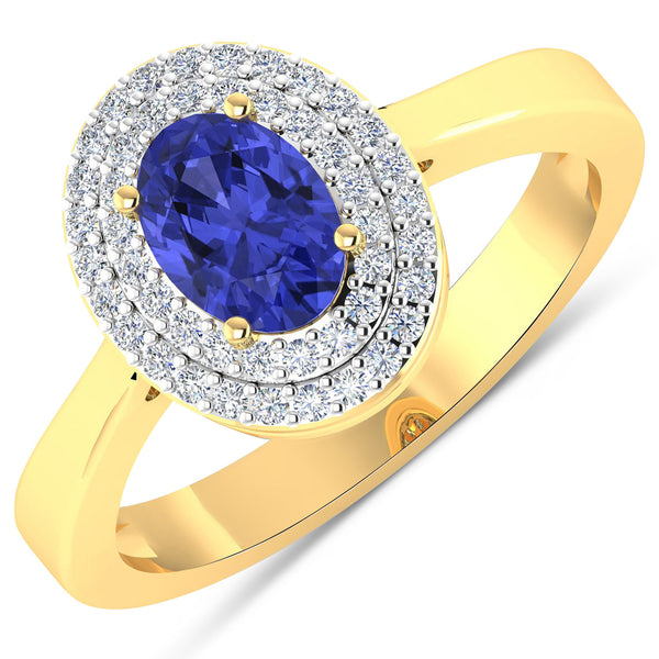 0.91 Carat Genuine Tanzanite and White Diamond 14K Yellow Gold Ring