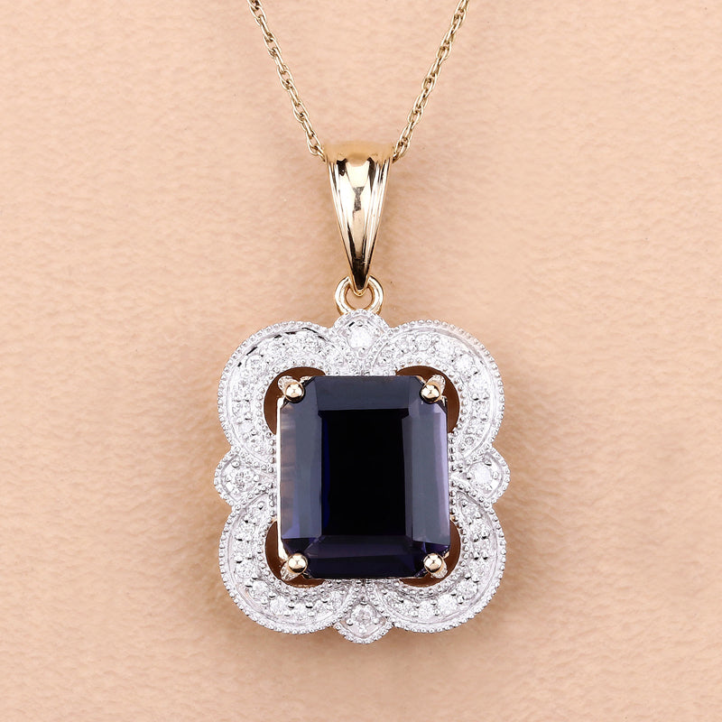 4.07 Carat Genuine Iolite and White Diamond 14K Yellow Gold Pendant