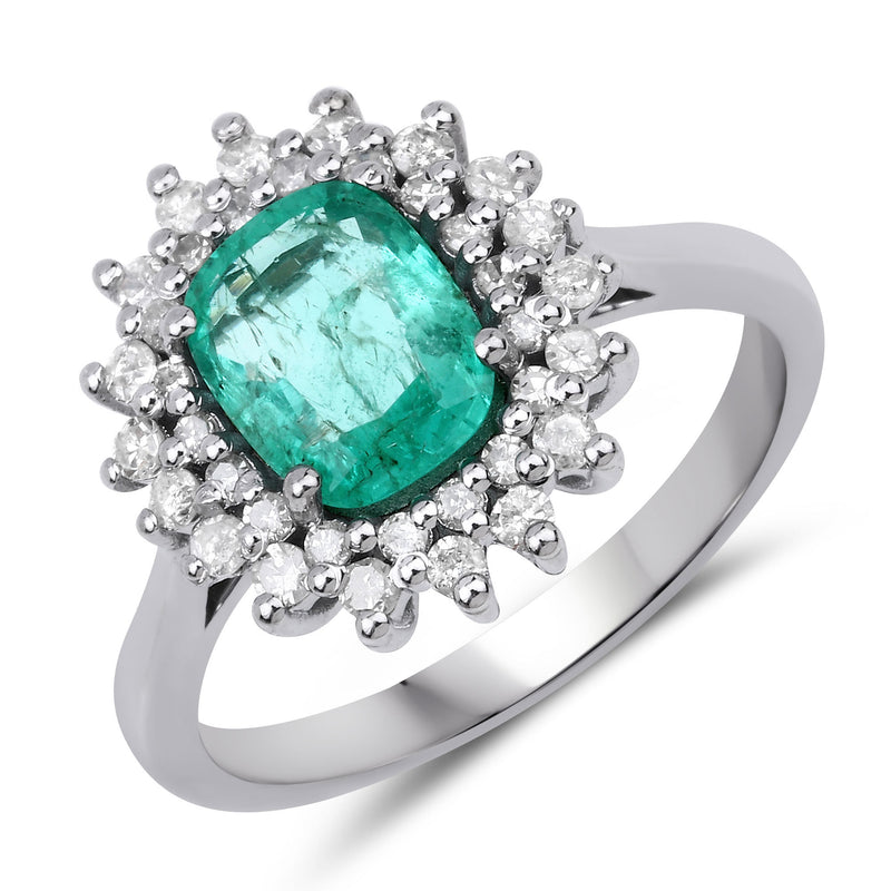 1.90 Carat Genuine Emerald and White Diamond .925 Sterling Silver Ring