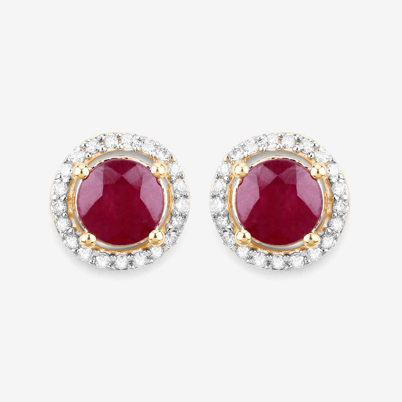 1.50 Carat Genuine Ruby and White Diamond 14K Yellow Gold Earrings