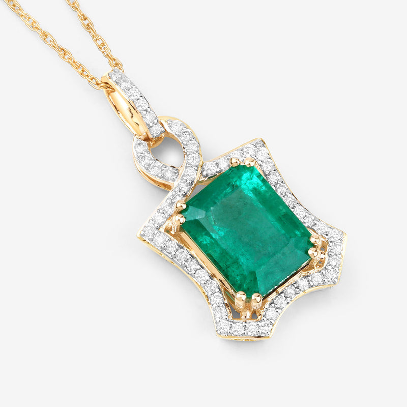 IGI Certified 3.38 Carat Genuine Zambian Emerald and White Diamond 14K Yellow Gold Pendant