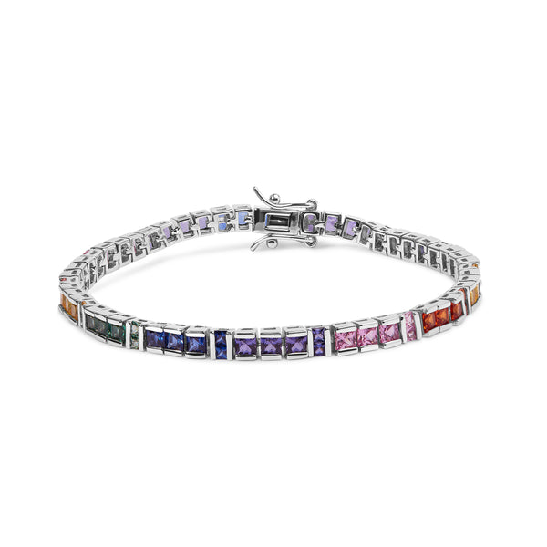 .925 Sterling Silver 12.0 Cttw Multi Colored Princess Cut Gemstone Link Tennis Bracelet (AAA Quality) - 7.25" Inches