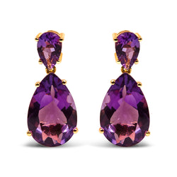 10K Yellow Gold Plated .925 Sterling Silver 12 2/5 Cttw Pear Shaped Purple Brazilian Amethyst Double Dangle and Drop Earring