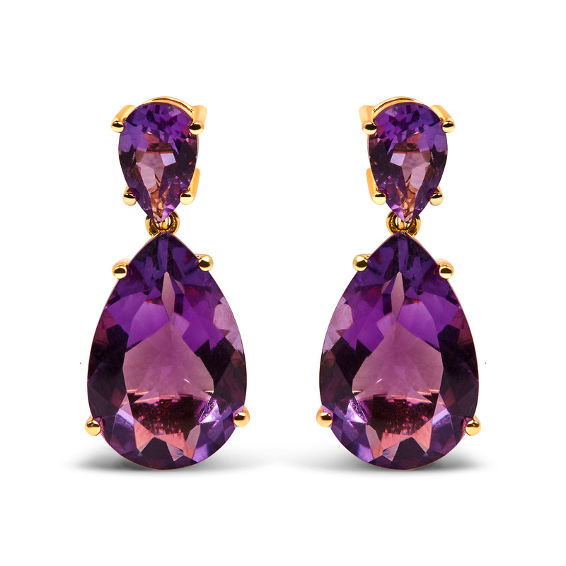 10K Yellow Gold Plated .925 Sterling Silver 12 2/5 Cttw Pear Shaped Purple Brazilian Amethyst Double Dangle and Drop Earring