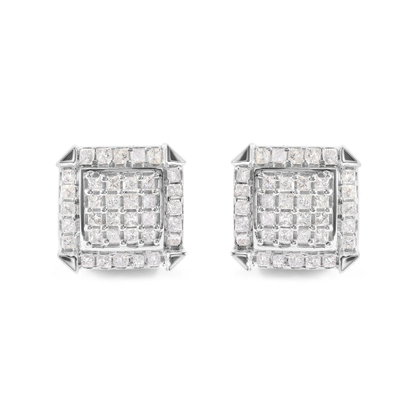 10K White Gold 1 1/10 Cttw Princess Diamond Composite and Halo Stud Earrings (I-J Color, I1-I2 Clarity)