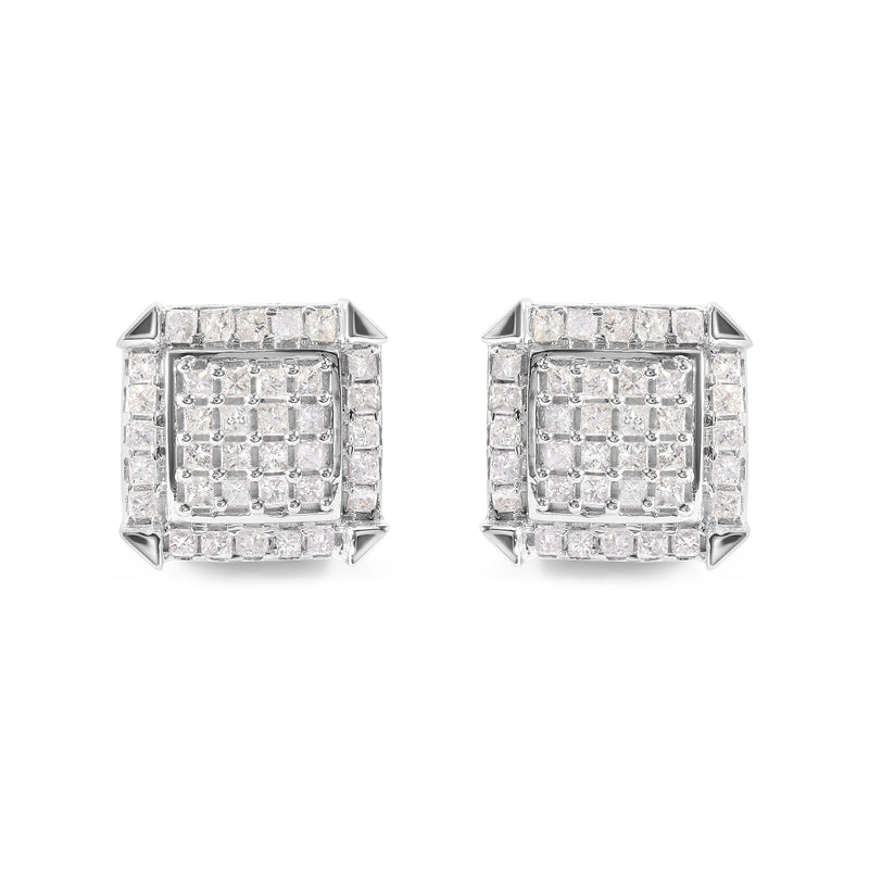 10K White Gold 1 1/10 Cttw Princess Diamond Composite and Halo Stud Earrings (I-J Color, I1-I2 Clarity)