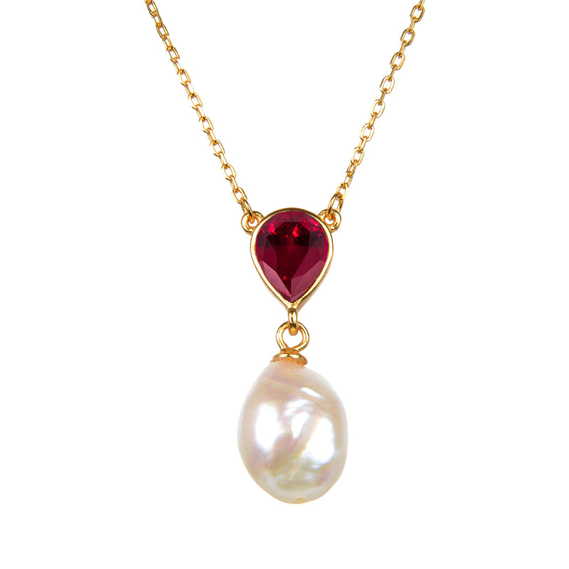 V3 Jewelry Ruby and Freshwater Pearl 18k Gold-Plated Drop Pendant Necklace