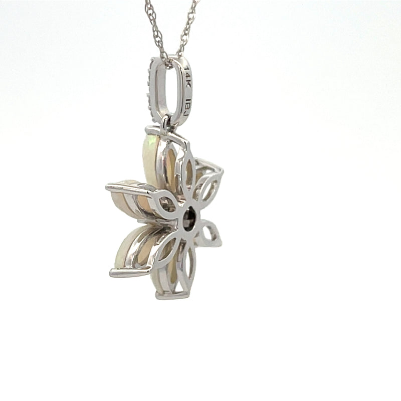 .02ct Opal Diamond Flower Pendant 14KT White Gold