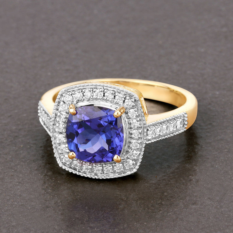 1.98 Carat Genuine Tanzanite and White Diamond 14K Yellow Gold Ring