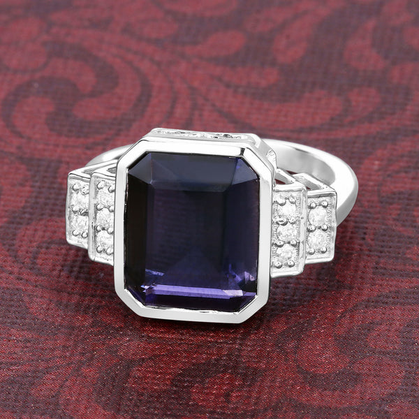 4.27 Carat Genuine Iolite and White Diamond 14K White Gold Ring