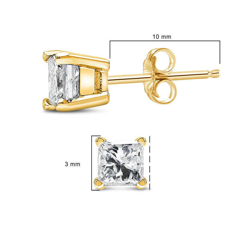 IGI Certified 14k Yellow Gold 1/3 cttw 4-Prong Set Princess-Cut Solitaire Diamond Push Back Stud Earrings (N-O Color, SI1-SI2 Clarity)