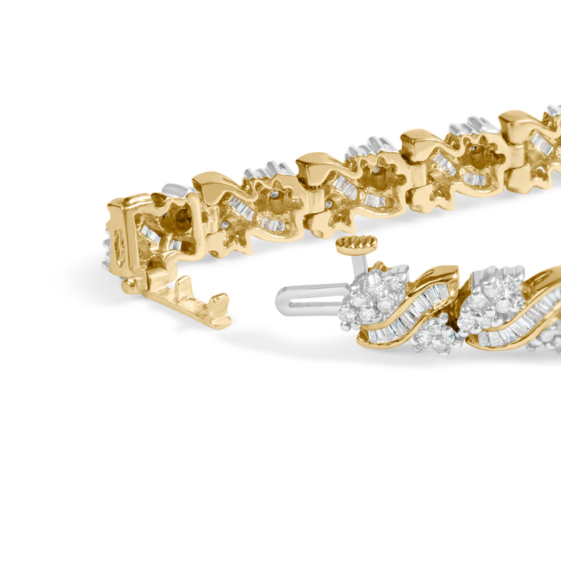 14K Yellow Gold 4.00 Cttw Diamond Woven Composite Cluster and S-Link Bracelet (I-J Color, I1-I2 Clarity) - 7" Inches