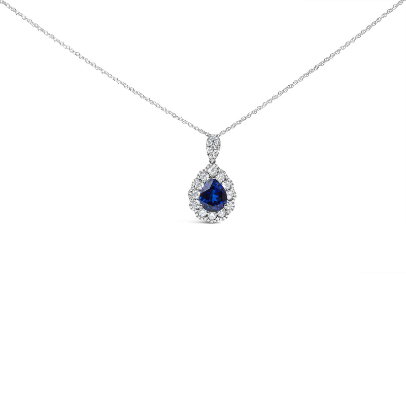 18K White Gold Recrystallized 9x7 MM Pear Shaped Blue Sapphire and 2 4/5 Cttw Diamond Halo and Bail 18" Inch Pendant Necklace (G-H Color, SI1-SI2 Clarity)