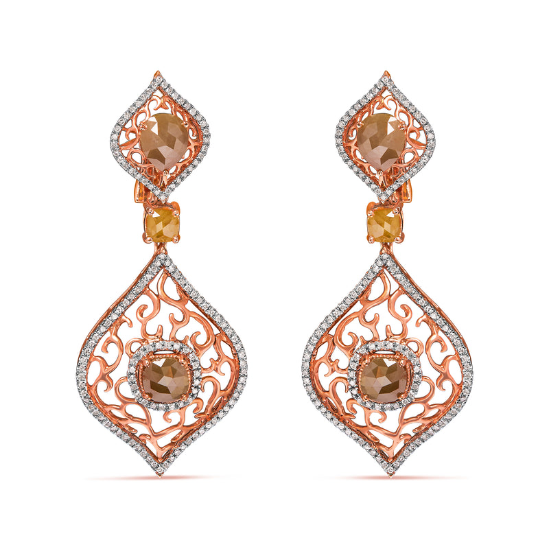 14K Rose Gold 6 7/8 Cttw Rose Cut Diamond Double Curve Rhombus Drop and Dangle Earring (Fancy Color, I2-I3 Clarity)