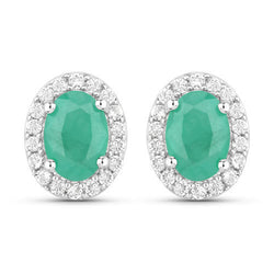 1.39 Carat Genuine Emerald and White Topaz .925 Sterling Silver Earrings