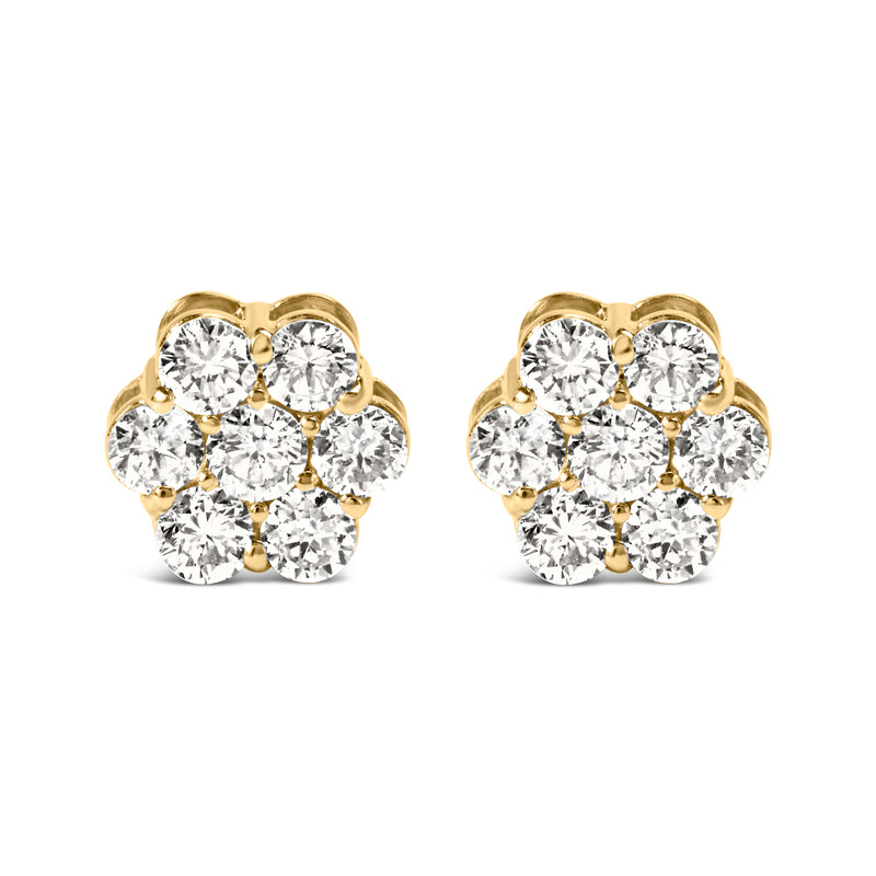 14K Yellow Gold 1 1/2 Cttw 7 Stone Floral Cluster Round Brilliant Cut Diamond Stud Earrings with Screw Backs (I-J Color, SI1-SI2 Clarity)