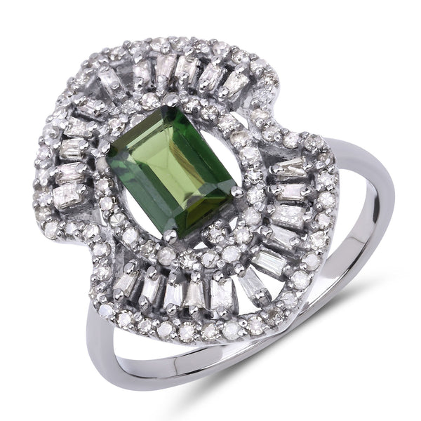 1.90 Carat Genuine Green Tourmaline and White Diamond .925 Sterling Silver Ring