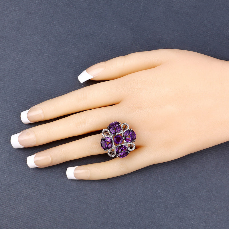 4.88 Carat Genuine Amethyst and White Diamond .925 Sterling Silver Ring