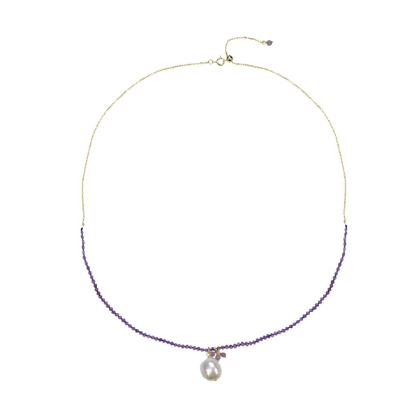 V3 Jewelry Natural Amethyst and Freshwater Pearl 18k Gold-Plated Beaded Adjustable Necklace