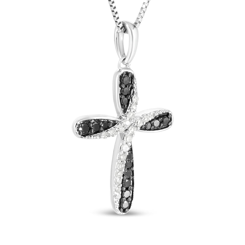 .925 Sterling Silver 1/4 Cttw Alternating Black and White Diamond Intertwining Ribbon Weave Cross 18" Pendant Necklace (Black/I-J Color, I2-I3 Clarity)