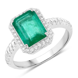 IGI Certified 2.22 Carat Genuine Zambian Emerald and White Diamond 14K White Gold Ring