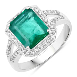 IGI Certified 3.01 Carat Genuine Zambian Emerald and White Diamond 14K White Gold Ring