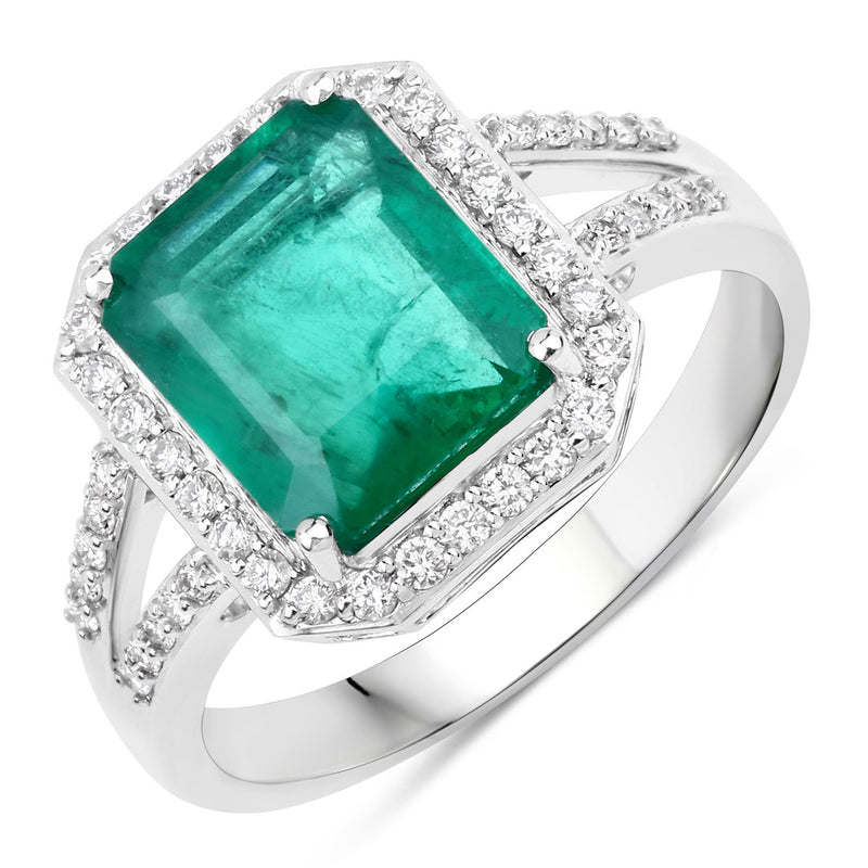 IGI Certified 3.01 Carat Genuine Zambian Emerald and White Diamond 14K White Gold Ring