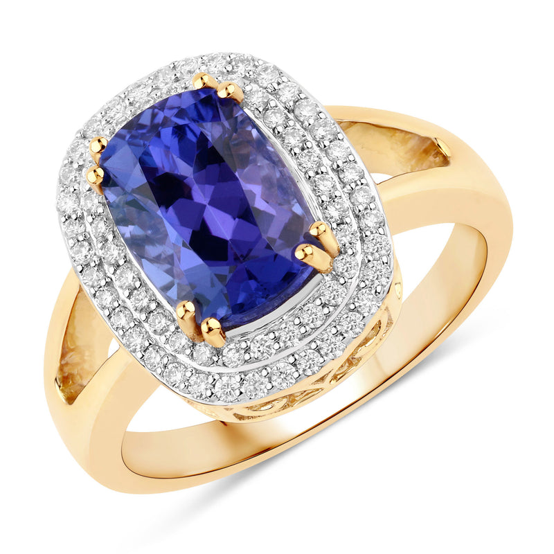 3.33 Carat Genuine Tanzanite and White Diamond 14K Yellow Gold Ring